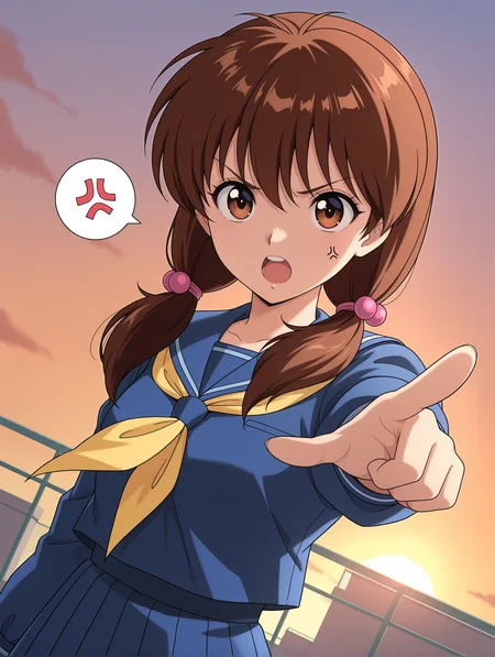 masterpiece,best quality,newest,
1girl,solo,
<lora:yukimura_keiko_ilxl_v1.1:1>,y_keiko,brown eyes,bangs,brown hair,low twintails,hair bobbles,
k_clothes,blue sailor suit,long_sleeves,blue shirt,yellow neckerchief,blue long skirt,
<lora:Fixhands_anime_bdsqlsz_V1:1>,looking_at_viewer,upper_body,face_focus,dynamic_angle,cinematic_angle,serious,glaring,cocked eyebrow,reaching,(pointing:1.2),pov,open mouth,upper_teeth,spoken anger vein,rooftop wire mesh,sunset,