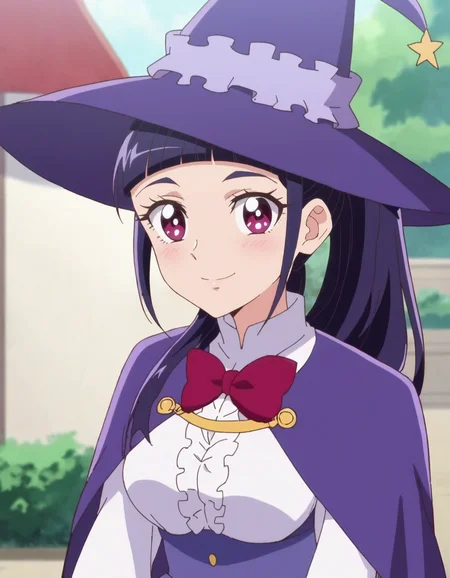 score_9, score_8_up, score_7_up, anime screencap, solo,1girl,izayoirikomd,monocle,purple capelet, witch hat,smile, looking at viewer, purple skirt, bowtie, white shirt, black pantyhose,red bowtie, long sleeves, center frills,cowboy shot,large breasts,blush,high ponytail<lora:izayoirikomd:0.8>