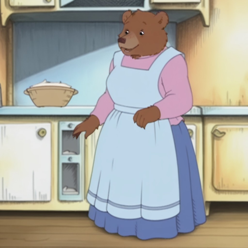 masterpiece, best quality, amazing quality,  MotherBearLBil, semi-anthro, female, bear, brown fur, black eyes, pink shirt, long sleeves, long blue skirt, white apron, standing, kitchen, solo, <lora:78f149fa-a3f8-458f-a6b7-12977ebec25c:1.0>