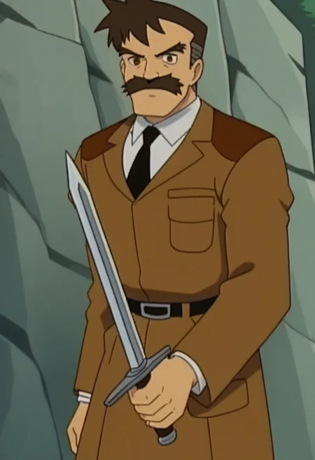 best quality, 1boy, solo, Christopher Barsac, mustache, necktie, brown hair, brown eyes, , Brown jacket, white shirt, holding sword