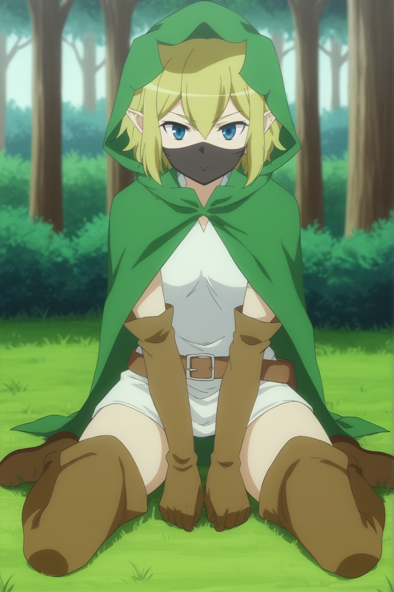<lora:Ryuu_Lion:0.7>, Ryuu Lion, solo, closed_mouth, sitting, outdoors, day, hood, blurry, tree, grass, nature, cloak, hood_up, forest, boots, belt, mask, thigh_boots, gloves,  <lora:sdxl_lightning_4step_lora:1>