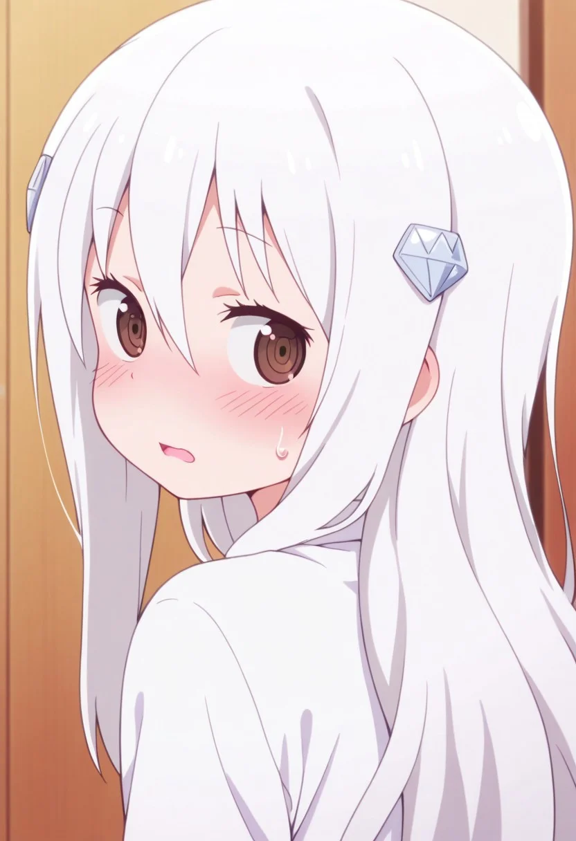 masterpiece,best quality,amazing quality,hikari kongo, long hair, white hair, brown eyes, 1girl, solo, hair ornament, blush, looking at viewer, looking back, hair between eyes, open mouth, sweatdrop, white shirt, upper body, shirt, from behind