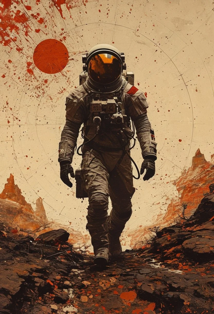 photo of astronaut walking in a old village in the background (in the style of Frank Frazetta painting) Dean Cornwell, design, 1970s, Russian Constructivist style, double exposure, volumetric lighting, expressive, ancient starchart, ink spattered background, warm colors, space, art deco, splatter, Japanese Woodblock print, planar rectilinear shapes, extreme energy, dynamic posing, Dutch angle, black, Crimson<lora:xl_more_art-full_v1:0.3>