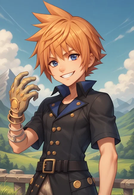 score_9, score_8_up, score_7_up, source_anime, highly detailed,
lannff,
solo, 1boy, male focus, spiked hair, blue eyes, belt, orange hair, standing, buttons, coat, pants, short sleeves, buckle, black coat, belt buckle, upper body, smile, glove at right hand, hand up, grin,
outdoor, sky, mountains, trees, clouds