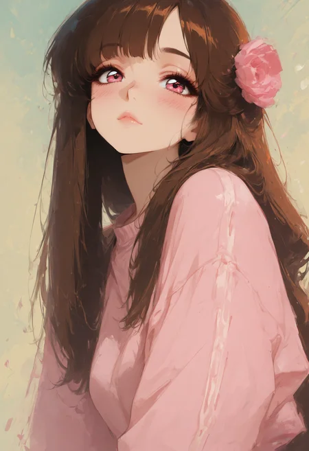 high_quality, highres, detailed_eyes, beautiful, detailed, masterpiece, best quality, absurdres, 8k, HDR, face_focus, 
1girl, blush, looking at viewer, swept_bangs, side_bangs, hair_slicked_forward, messy_hairdo, very_long_hair, brown hair, pink eyes, retro,  grunge
<lora:ppw_v7_animv4_1_r2:0.6> <lora:748cm_illu:0.6> 7481llu <lora:69yottea_illu_v2:0.4> <lora:illustrious_all_rated_v1:0.6> masterpiece, best quality, very aesthetic, absurdres <lora:RetroAnime:1> In the style of Jedrta, retro anime