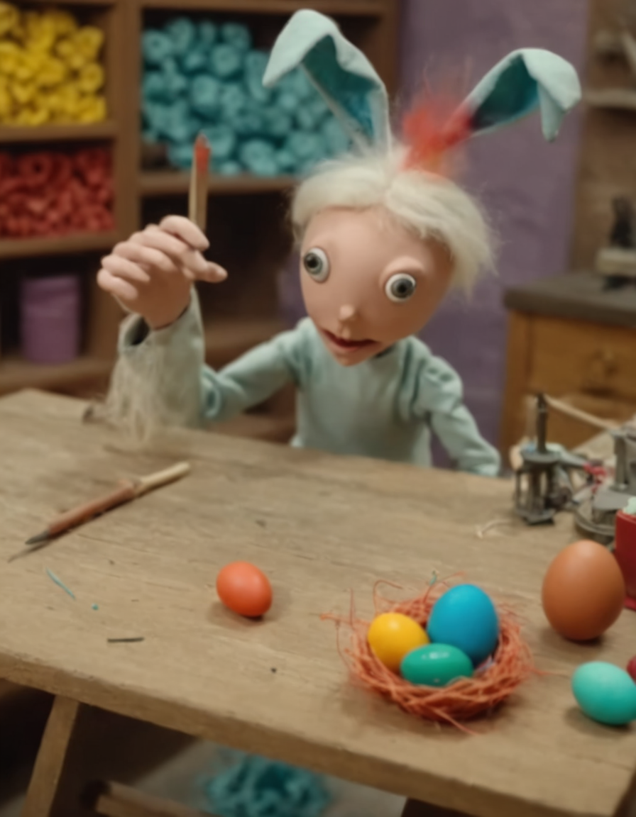 Masterpiece (wide angle shot) , Easterbunny crafting an incantation, (creating a little colorful magic egg in a nest:1.6), standing on an old carved table in a colorful factory laboratory. fantastic view. creepy and unsettling kids tv show, plasticine puppet  <lora:UNSTL_KIDS_TV_v2:1>