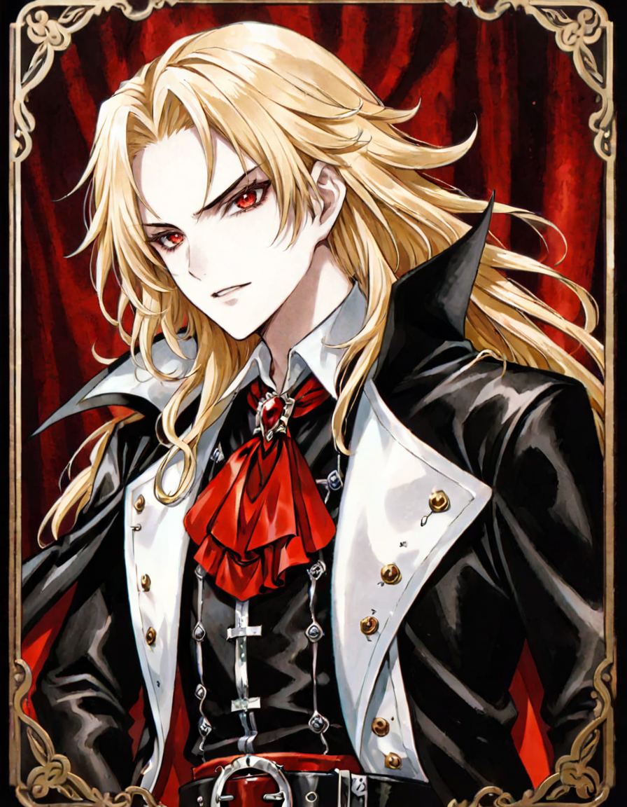 anime artwork photograph sotn, Alucard, 1boy, male focus, long hair, official art, ascot, white background, simple background, upper body, belt, blonde hair, vampire, traditional media, buckle, pale skin, cape
 <lora:sotn:.6> 
<lora:offset_0.2:0.5>, 50mm . cinematic 4k epic detailed 4k epic detailed photograph shot on kodak detailed cinematic hbo dark moody, 35mm photo, grainy, vignette, vintage, Kodachrome, Lomography, stained, highly detailed, found footage . anime style, key visual, vibrant, studio anime,  highly detailed