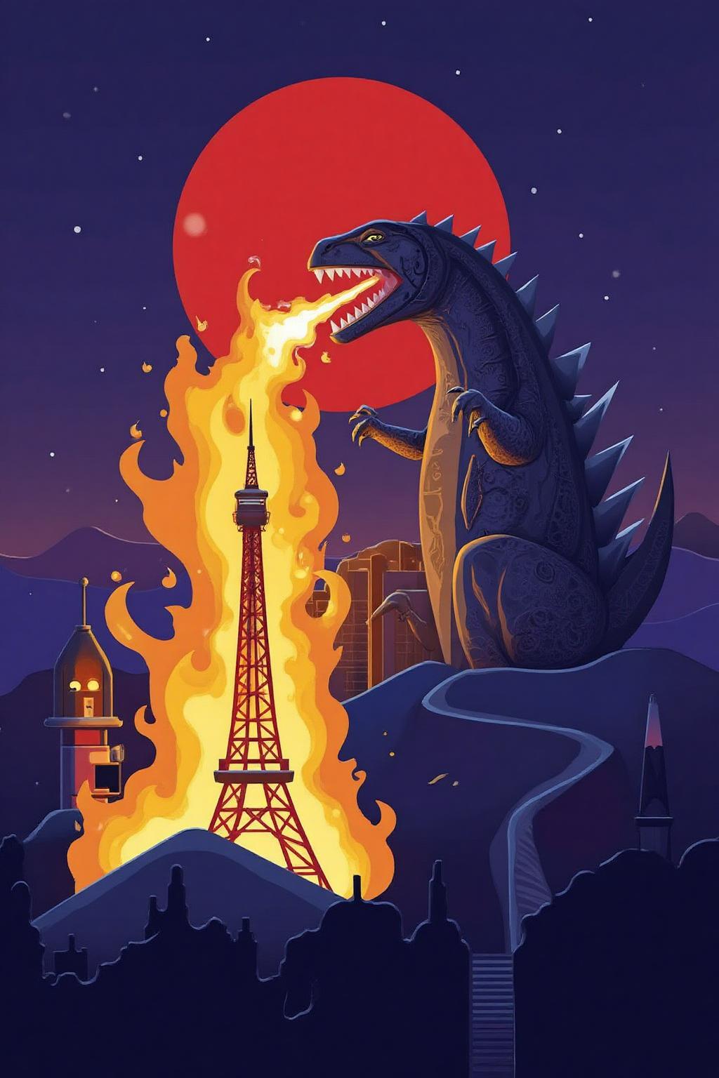 vector art. 
Godzilla breathing fire on Tokyo Tower. <lora:vectorart1_cap_d6a3:1.0><lora:844072090261994784:0>
