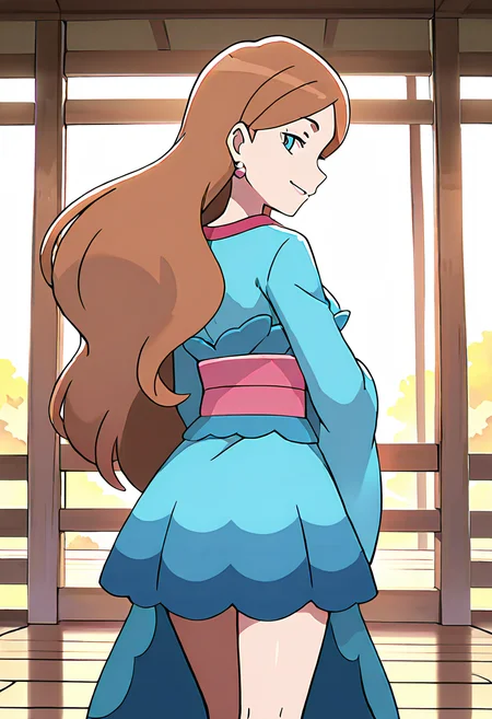 masterpiece, best quality, 1girl, solo, looking at viewer, smile, zzLinnea, blue eyes, brown hair, long hair, earrings, blue kimono, sash, , <lora:LinneaPokemon_IXL_v2:1.0>, profile view, long legs, relaxed pose, cowboy shot, smile,
