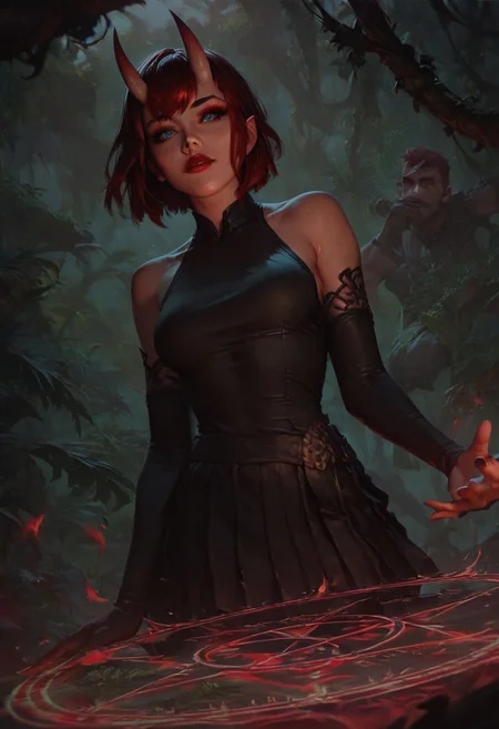 score_9, score_8_up, score_7_up,(digital art,best quality,beautiful detailed face),
,1 beautiful girl,Thin face,Pale white skin, blue eyes (red eyeshadow),Short red hair(bangs), Oni horns, red lips,black dress,Short pleated skirt,Elbow gloves,Magic circles ,Magic aura,jungle