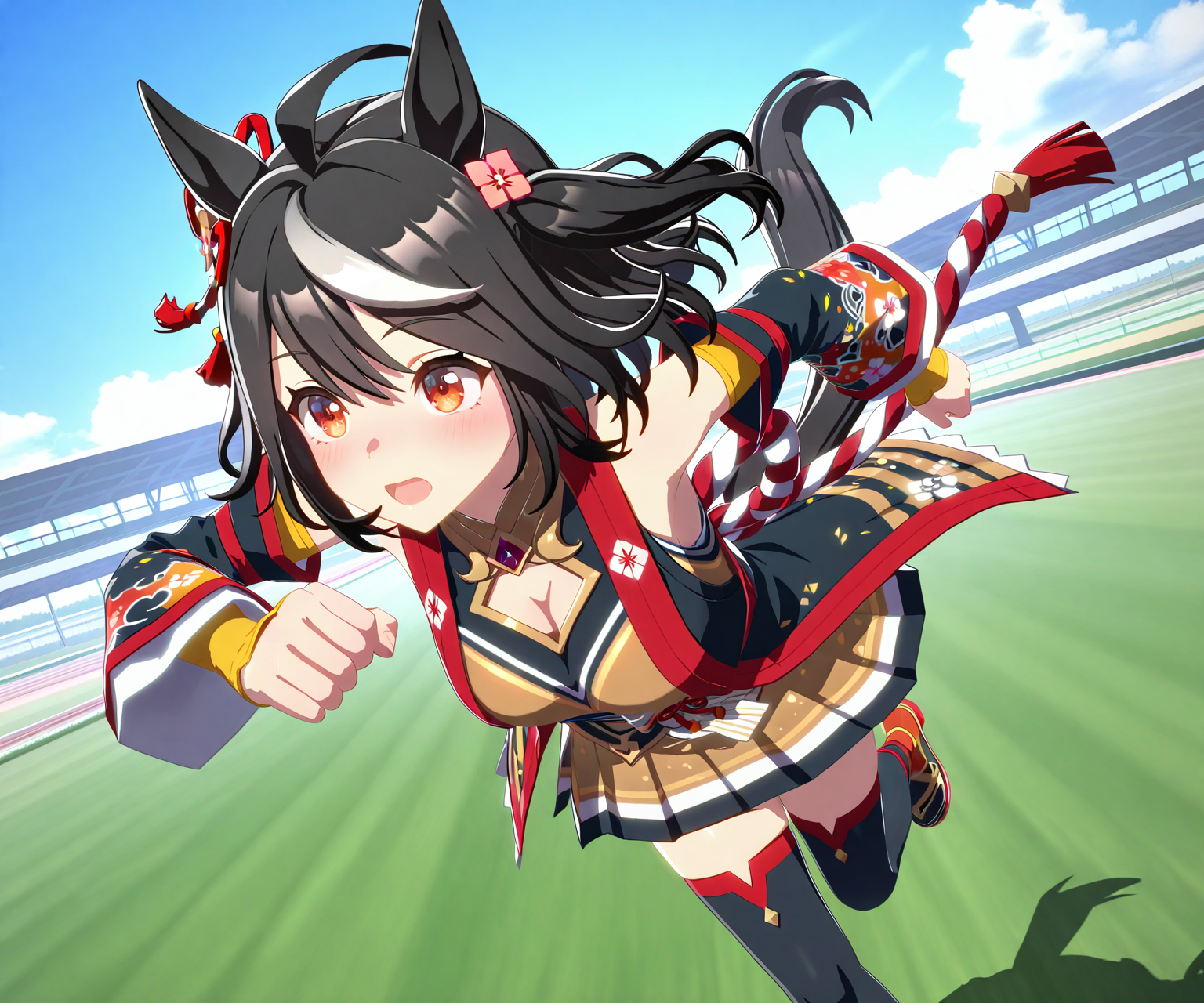 masterpiece, best quality, amazing quality, , 1girl, solo,  umamusume, racetrack, running,  <lora:Kitasan Black in game style 3D:1> ummsmingame, 3d, kitasan black \(umamusume\)