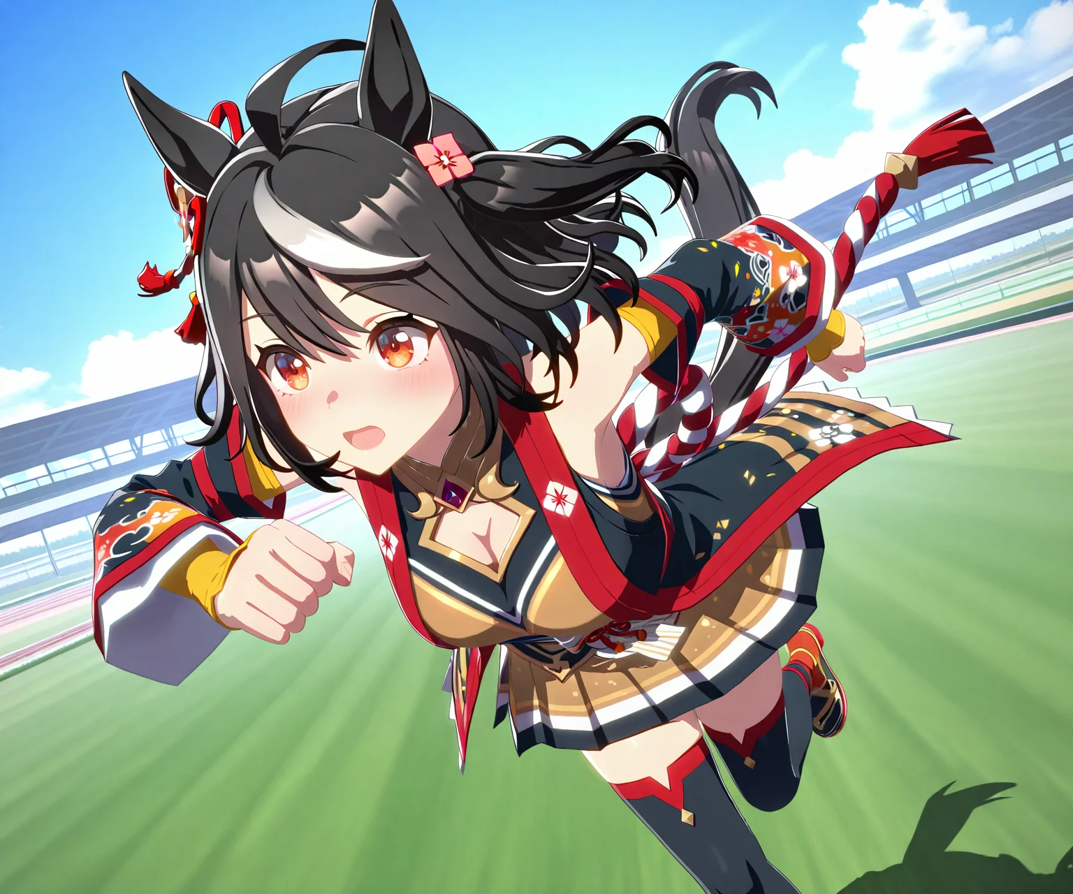masterpiece, best quality, amazing quality, , 1girl, solo, umamusume, racetrack, running, <lora:Kitasan Black in game style 3D:1> ummsmingame, 3d, kitasan black \(umamusume\)