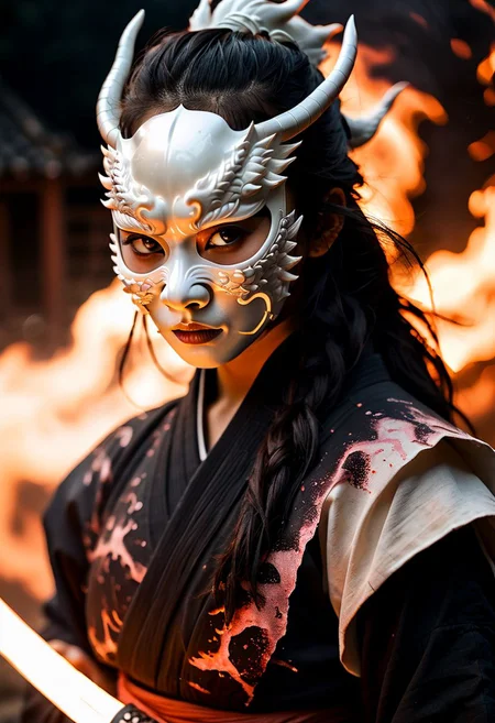glamour portrait photo, macro, a captivating vibrant glow, mysterious female ninja wearing a white dragon mask, burning rural japanese village, surrounded by burning particles emitting light, fighting stance, burning katana, ethereal, smoky backdrop. throwing a translucent black/tanslucent dark/bright fade, ninja clothing revealing cleavage, 100mm f/2.8 macro lens, atmospheric haze, Film grain, cinematic film still, shallow depth of field, highly detailed, high budget, cinemascope, moody, epic, OverallDetail, gorgeous, 2000s vintage RAW photo, photorealistic, candid camera, color graded cinematic, eye catchlights, atmospheric lighting, imperfections, natural, shallow dof