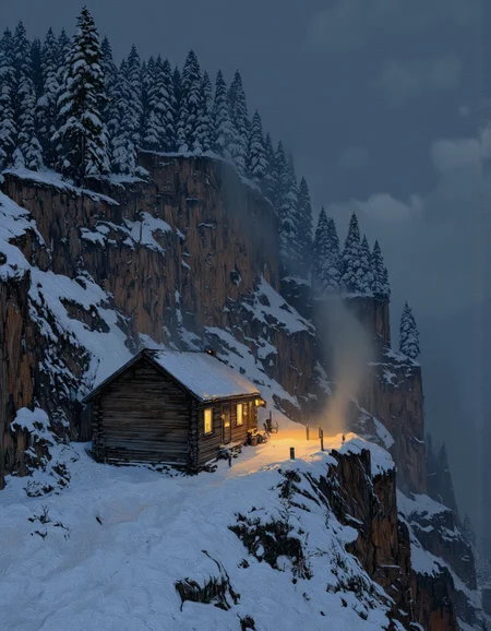 By Artem Chebokha. Impasto, a log cabin on a snowy cliff, smoke plume, hard evening lighting, snow, snowing