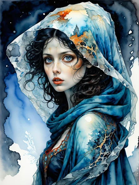 lady of the winter, sexy and mysterious silhouette, billowing transparent veil, watercolor painting by Zdzislaw Beksinski and George Buckett, inspired by Egon Schiele and Gustav Klimt, Carne Griffiths and Agnes Cecile, fantasy concept art, artistic photorealism, smooth, Steve McCurry style, great masterwork by head of prompt engineering, amazing depth <lora:hyperkraximalism_v1-1:0.27>