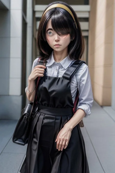 Photo of nishimura akane, (masterpiece,best quality:1.2), black hair, (((hair over one eye))), hairband, medium hair, sanpaku, orange headband, dress, randoseru, school uniform, backpack, bag, bag charm, black dress, skirt, black skirt, solo, glowing_bright, Artstation, HD, Deviantart, by WLOP,