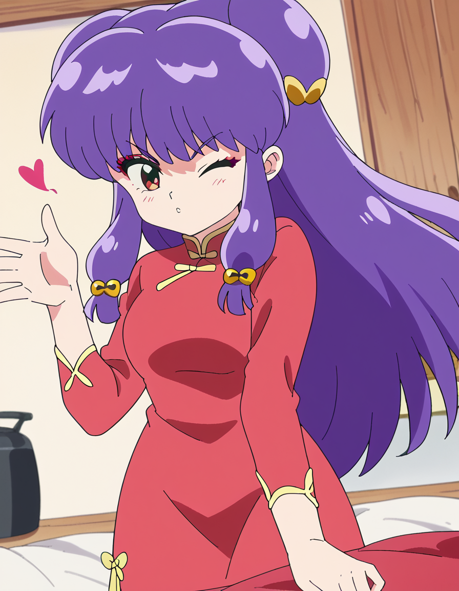score_9, score_8_up, score_7_up, source_anime, <lora:shampoo-s1-ponyxl-lora-nochekaiser:1>, shampoo, shampoo (ranma 1/2), long hair, hair ornament, red eyes, purple hair, hair bun, double bun, medium breasts, anime screencap,, dress, chinese clothes, china dress, red dress, long sleeves,, kitchen, cooking, apron, cutting vegetables, home cooking, smile, <lora:blowing-kiss-ponyxl-lora-nochekaiser:1>, blowing kiss, pucked lips, heart, one eye closed, o3o, hand up, bed room, bed, blush, cowboy shot, dutch angle,, looking at viewer, solo,, dutch angle, cowboy shot