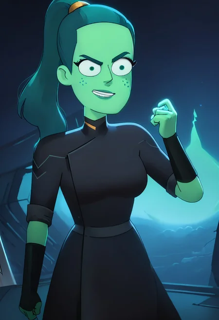 score_9, score_8_up, score_7_up, derika, green hair, (((green skin, green freckles))), ponytail, big green eyes, black uniform, night, medium breasts, smirk, green eyes, standing, battle pose, holding sword, sci-fi background, dark theme, low light,