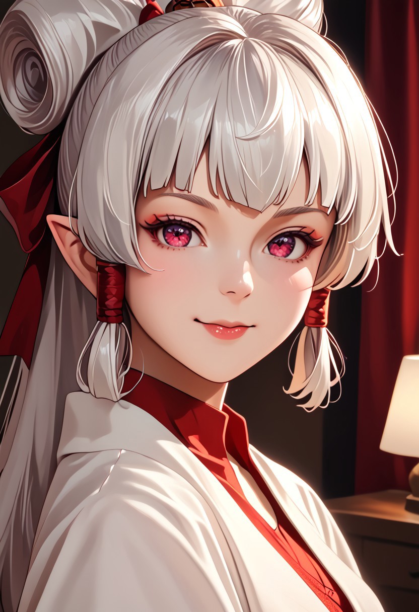 score_9, score_8_up, score_7_up, source_anime, , (best quality) , (highly detailed) , (best quality) , (highly detailed) ,((masterpiece)), ((best quality)), (ultra-detailed), ((extremely detailed)), (high resolution), 4K, (8K), best quality, (beautiful), (dynamic lighting), (super detailed skin), sharp focus, (1_girl, solo focus), shiny skin, masterpiece ,absurdres ,detailed face ,beautiful face , paya, elf ears, Dark skin, Dark Skinned Female, pointy ears, , high ponytail,  hair ribbon, , White Hair
 red lingerie, red bra, lace trim, bedroom, red theme, looking at you, smirk, Ruri
, cinematic lighting, Intricate, High Detail, Sharp focus, dramatic, masterpiece, best quality, ultra-detailed, detailed, detailed body, detailed face, UHD, kawaii, cute, very big eyes, Aesthetic Anime Eyes,  (8k, masterpiece, best quality, ultra-detailed),
diana silverneil,