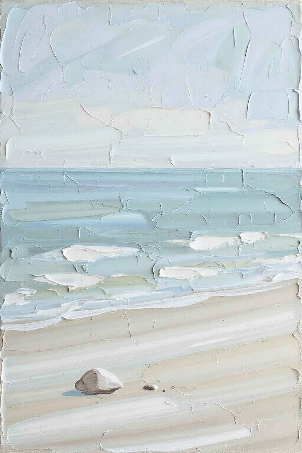 impasto oil painting. a serene, minimalist beach scene with soft, clean lines and a muted color palette of sandy beige, pale blue, and white. The horizon is a simple division between sky and sea, with the ocean stretching out in gentle, subtle waves. A single, smooth rock or a delicate seashell rests on the empty shore, adding a touch of detail to the simplicity. The sky is clear, with a faint gradient from soft blue to white at the horizon. The composition exudes calmness and balance, emphasizing open space and tranquility.   <lora:impasto5_nocap_d6a3:1.0> <lora:Flux-Sch-SingleBlocks-BF16:1.0><lora:803883144970301661:0>