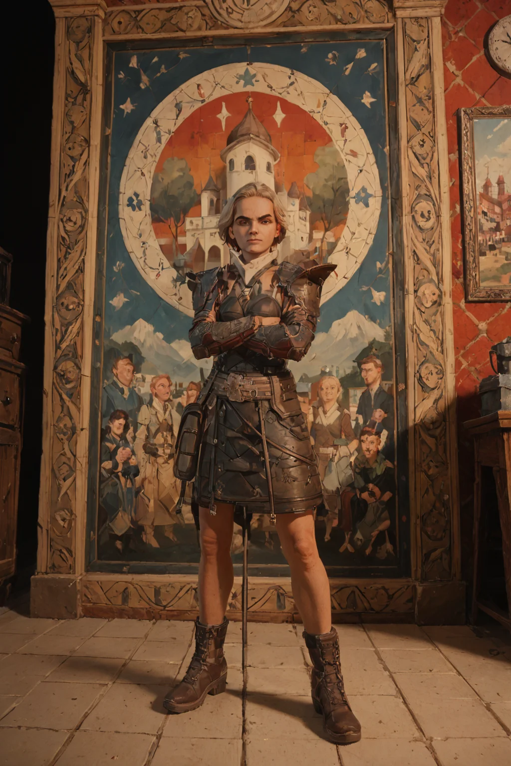 score_9, score_8_up, score_7_up, Arrisa, front view, full body, mural, standing with crossed arms and raised eyebrow, indicating skepticism,coastal town BREAK <lora:ARRISA-12:1>