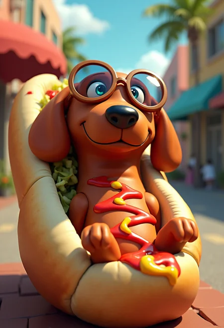 An animated, whimsical image of a sausage dog lying on its back in a bun. The dog is wearing oversized sunglasses, giving it a cool and playful appearance. The dog is decorated with ketchup and mustard, artfully drizzled on top. The scene is bright and colorful, with a cheerful and humorous atmosphere. The dog's expression is relaxed and happy, enhancing the overall fun vibe of the picture. The animated style adds to the lighthearted and amusing nature of the image, making it visually appealing and funny
