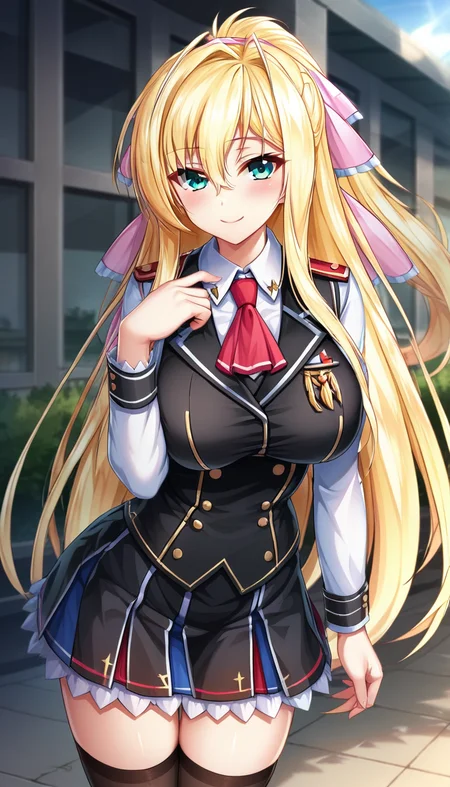 score_9,score_8_up,masterpiece,best quality,correct anatomy,anime_source,1girl,solo,perfect eyes,perfect arms,perfect legs,perfect face,outdoors,upper body,(portrait:1.5),looking at viewer,facing viewer,smile,blush,Yurifina Sol Eleanord,very long hair,blonde hair,ponytail,hair ribbon,pink ribbon,sidelocks,hair between eyes,bangs,aqua eyes,uniform,red ascot,black vest,white shirt,collared shirt,long sleeves shirt,large breasts,black thighhighs,miniskirt,black skirt,frilled skirt,pleated skirt,zettai ryouiki,black thighhighs,loafers,black footwear,<lora:Yurifina Sol Eleanord(uq)-Pony:1.4>,