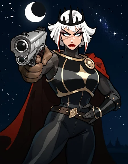 score_9, score_8_up, score_7_up, score_6_up BREAK, holding weapon, handgun, holding gun, aiming at viewer, revolver, finger on trigger, 1girl, solo, bimbo, short hair, white hair, multicolored hair, makeup, scar, crown, armor, gloves, bracers, belt, bodysuit, cape, thick thighs, moon, sky, nebula <lora:add-detail-xl:0.3> <lora:Ulfger_PDXL:0.7> <lora:HandPointingAGunMeme_XLPD:0.8> <lora:officialpit_v2-8:1>