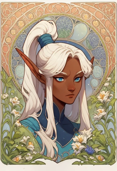 score_9, score_8_up, score_7_up, (art nouveau:1.4), NSSindragosaWoW, high ponytail, long hair, parted bangs, white hair, pointy ears, dark-skinned female, split pupils, watercolor