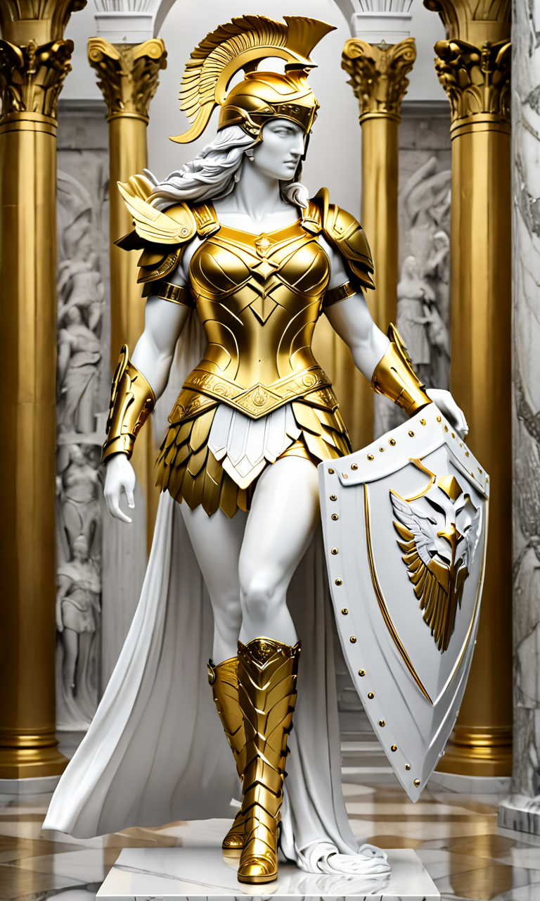 a statue of an Amazon in armor, best quality, masterpiece,  <lora:cstatuesdxl:0.8>, cstatuesdxl, white and gold, muscular woman,