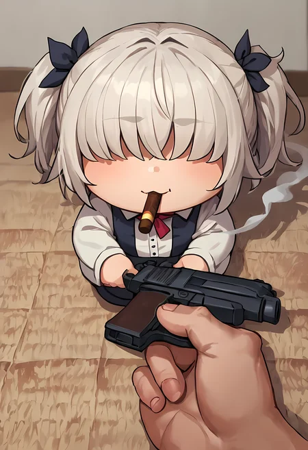 score_9, score_8_up, score_7_up, BREAK
godoacrime, 1girl, white hair, messy hair, hair covering eyes, hair over eyes, twintails, :3, chibi, pov, hand, holding gun, smoking cigar, cigarette, holding cigar, smoke <lora:GoDoACrime DoRA PDXL:1>