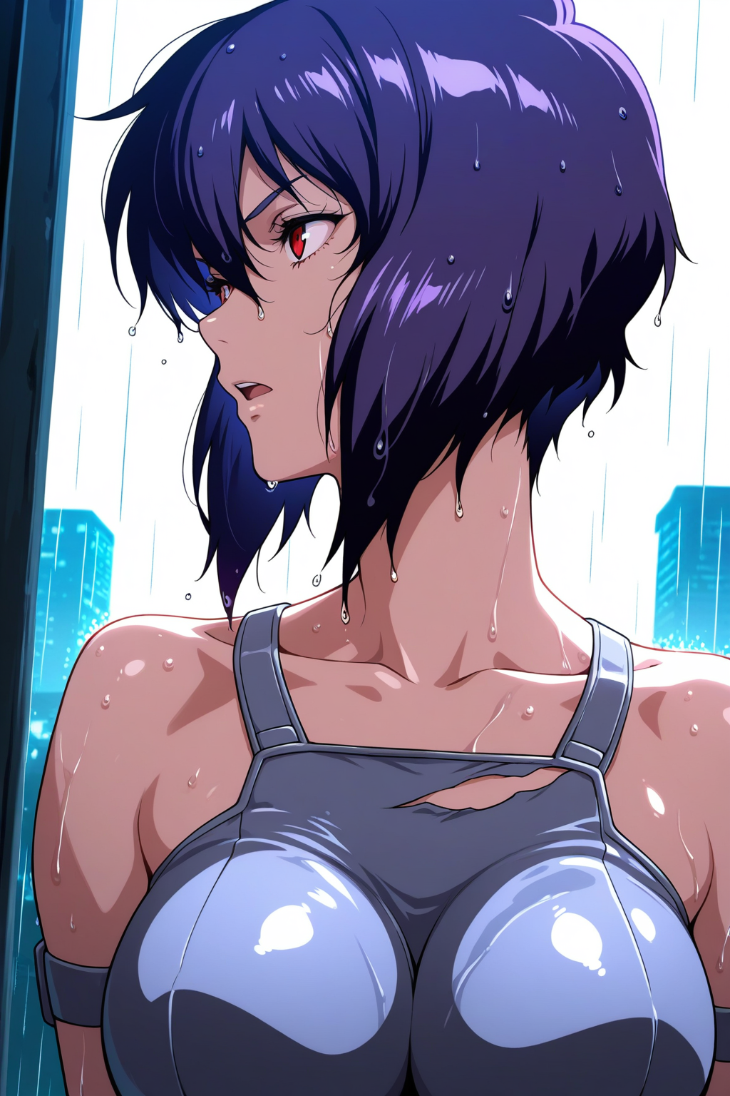 masterpiece, best quality, amazing quality, kusanagi motoko, ghost in the shell, 1girl, breasts, collarbone, looking to the side, open mouth, purple hair, rain, red eyes, short hair, skin tight, solo, torn clothes, wet, wet hair