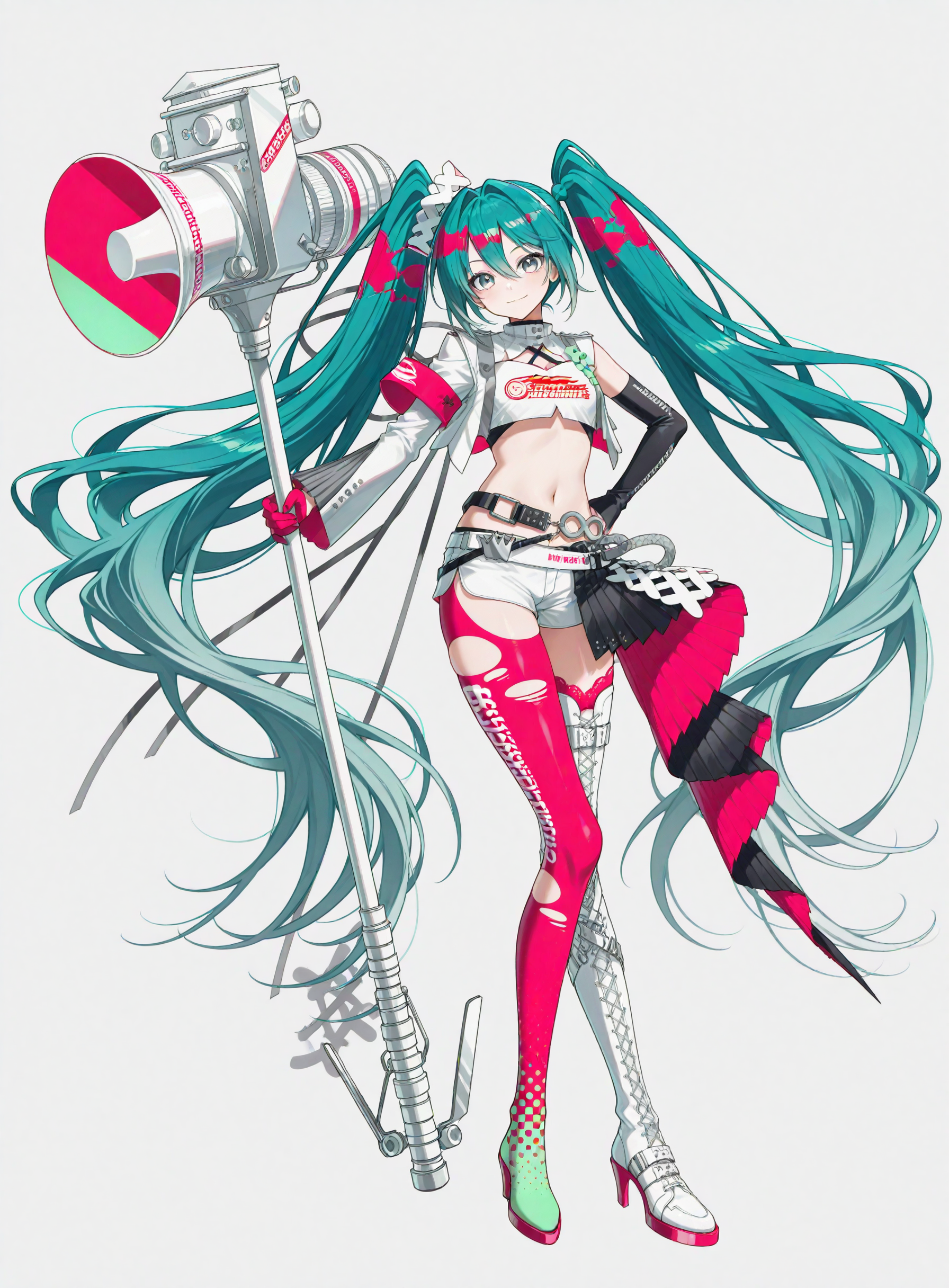 <lora:NoobV065sHyperDmd:1> <lora:racingmiku25:1> racingmiku2025, aqua twintails, full body, white background, megaphone
