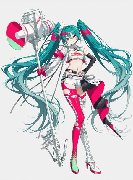 <lora:NoobV065sHyperDmd:1> <lora:racingmiku25:1> racingmiku2025, aqua twintails, full body, white background, megaphone