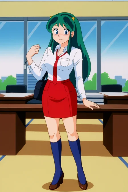 Lum, office lady cosplay <lora:Commission-Urusei_Yatsura_80s-Lum-PDXL:0.8>