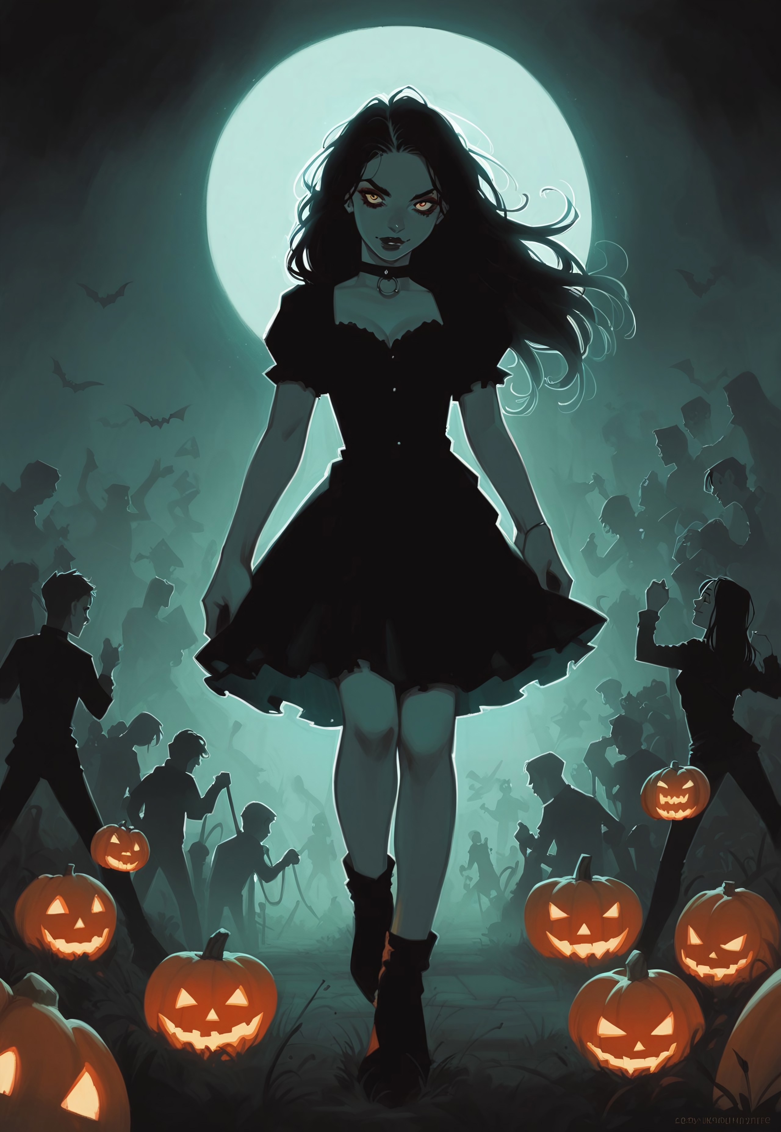 score_9, score_8_up, score_7_up, 1 girl, zombie, dead, evil spirits, dancing, long hair, midnight, green fog, halloween, dramatic lighting, backlight, pumpkins, crowd scene, rating_safe