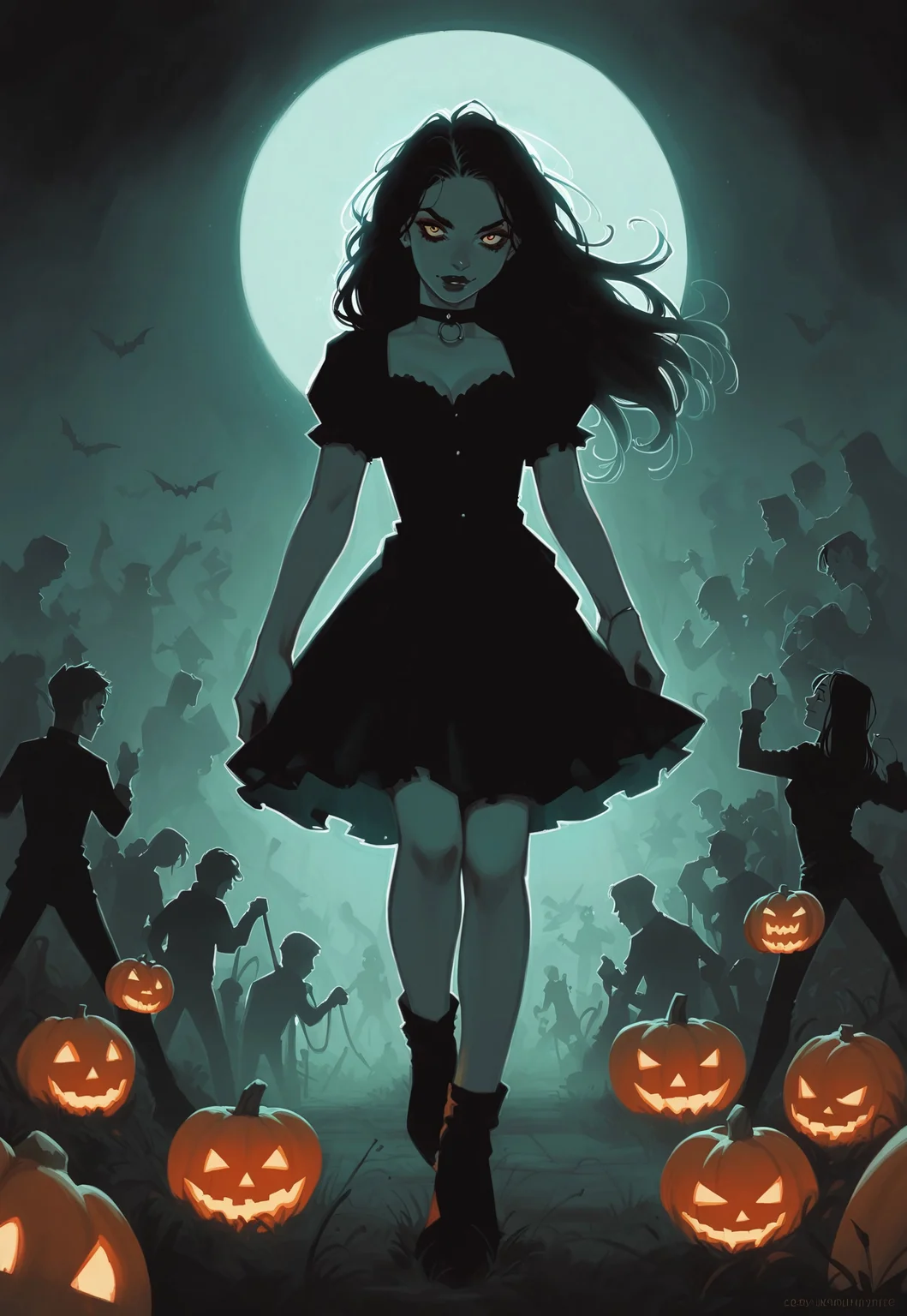 score_9, score_8_up, score_7_up, 1 girl, zombie, dead, evil spirits, dancing, long hair, midnight, green fog, halloween, dramatic lighting, backlight, pumpkins, crowd scene, rating_safe