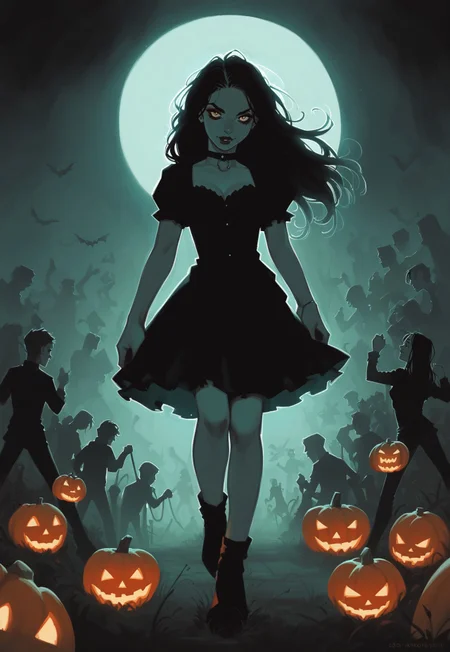 score_9, score_8_up, score_7_up, 1 girl, zombie, dead, evil spirits, dancing, long hair, midnight, green fog, halloween, dramatic lighting, backlight, pumpkins, crowd scene, rating_safe