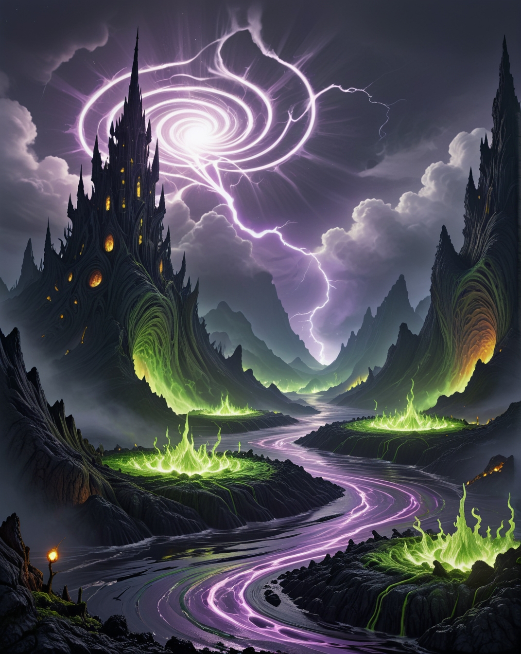 dark fantasy violet electric moss networks, Organic chitin scales, dark-matter core reactors in, underground-lava caverns, Transcendent quantum-consciousness spires style, gravitational-wave ripples,Stormfront: Asperitas undulations boiling with greenish pre-tornado light,
random rider in landcscape,
 <lora:ral-dark-fantasy-il:0.15> dark fantasy, eldritch horror, mythology, apocalyptic,
<lora:extremely_detailed:0.8> extremely detailed,
<lora:DetailMaximizer:0.5>,
 <lora:Dream Scenery XL:0.4> Dream Scenery,
<lora:add-detail-xl:0.3>,
detailxl