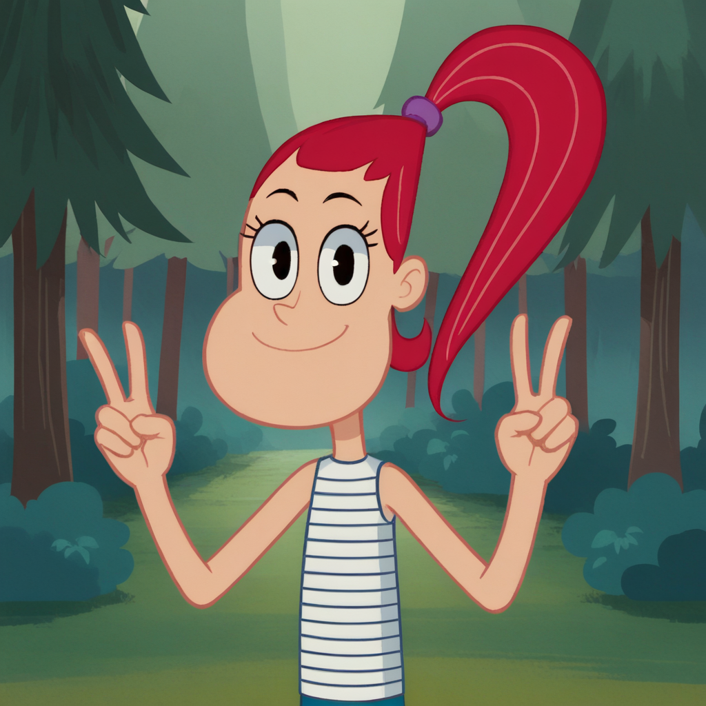 score_9_up, score_8_up, BREAK, skyegunderson, 1girl, solo, red hair, high ponytail, black eyes, white shirt, striped shirt, sleeveless, cowboy shot,  <lora:SkyeGunderson_PXL_Leaf1:0.8>, looking at viewer, forest, double v,