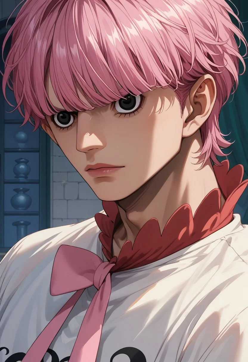 score_9, score_8_up, score_7_up, source_anime, rating_safe, PeronaOP, [[black Perona eyes]], pink Perona short hair, 1boy, male focus, mature male, solo focus,