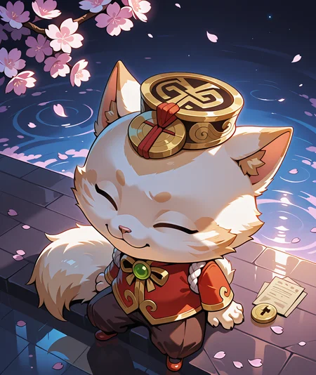 vibrant color, detailed, detailed background, no lineart,
, <lora:teemo-v3-000014:1> BREAK (wrtfc), cat_boy, 1other, male focus, closed eyes,
, (plump:0.5), chibi:0.5, small (doppa_hat), (coin_ornament),
, chinese clothes, white tasuki rope, tangzhuang_shirt, brown baggy pants, red flats_shoes, sitting, reflection, water_on_ground,
, festival, carnival, perspective, from above, reflective floor,
, falling petals, fallings papers, red papers, beutiful background,
, fluffy tail, cinematic ambience,
, night, dark, darkness, purple cherry blossoms, glowing cherry blossoms,