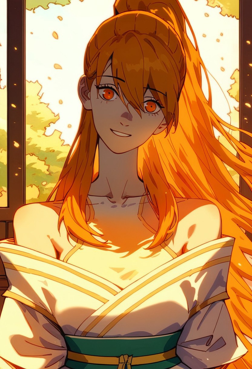 (score_9, score_8_up, score_7_up),
xiaoninger, 1girl, ponytail, long hair, orange hair, bangs, orange eyes, bare shoulder, breasts, collarbone, hair between eyes, white dress, kimono, sash, two tones dress, masterpiece, best quality, green pastures, head tilt, looking at viewer, facing viewer, dynamic angle, golden light,light particles, cowboy shot, smile, putting hair behind ear