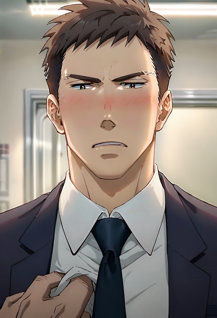 (score_9, score_8_up, score_7_up), ((source anime, best quality, best aesthetic, perfect anatomy, Gold Ratio, Art Composition, zPDXLxxx)), 1boy, doumeki, male_focus, handsome detailed face, black eyes, collared shirt, blazer, necktie, solo, modern office, portrait, (((Evil, hard lighting, extreme close-up view, Grabbing, Trolling, w arms))), <lora:aesthetic_anime_v1s:1>, <lora:Smooth Anime 2 Style SDXL_LoRA_Pony Diffusion V6 XL:1>, <lora:Doumeki:0.8>