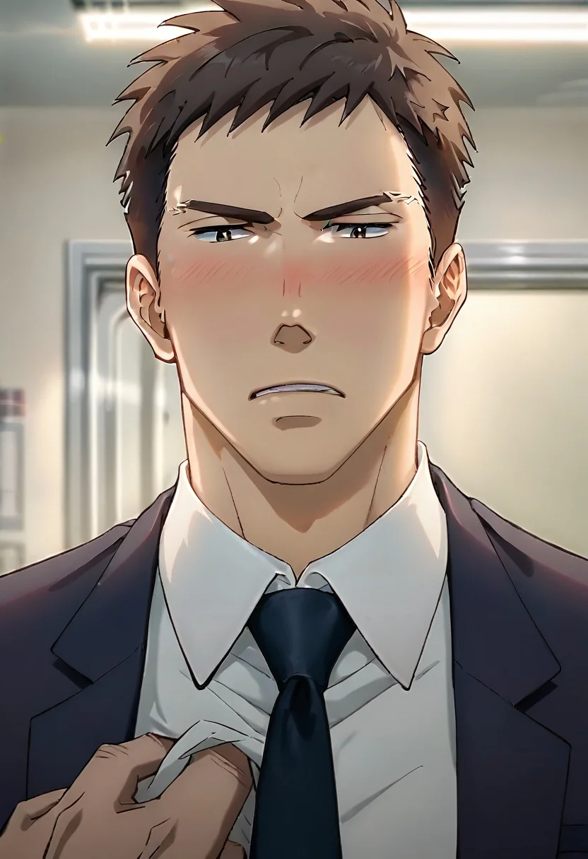 (score_9, score_8_up, score_7_up), ((source anime, best quality, best aesthetic, perfect anatomy, Gold Ratio, Art Composition, zPDXLxxx)), 1boy, doumeki, male_focus, handsome detailed face, black eyes, collared shirt, blazer, necktie, solo, modern office, portrait, (((Evil, hard lighting, extreme close-up view, Grabbing, Trolling, w arms))), <lora:aesthetic_anime_v1s:1>, <lora:Smooth Anime 2 Style SDXL_LoRA_Pony Diffusion V6 XL:1>, <lora:Doumeki:0.8>