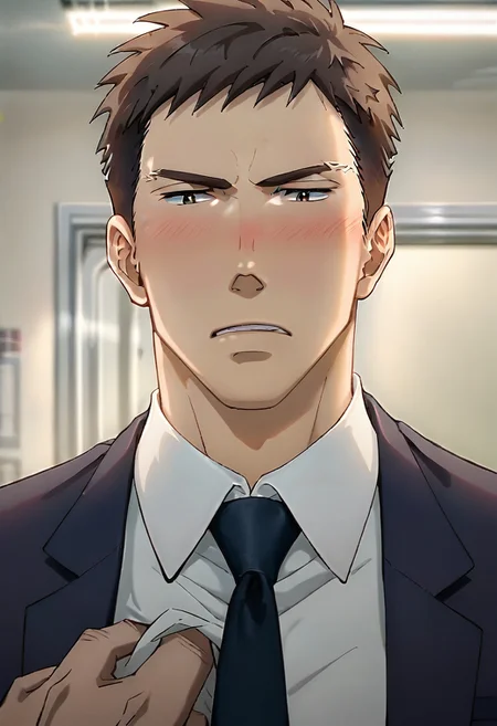 (score_9, score_8_up, score_7_up), ((source anime, best quality, best aesthetic, perfect anatomy, Gold Ratio, Art Composition, zPDXLxxx)), 1boy, doumeki, male_focus, handsome detailed face, black eyes, collared shirt, blazer, necktie, solo, modern office, portrait, (((Evil, hard lighting, extreme close-up view, Grabbing, Trolling, w arms))), <lora:aesthetic_anime_v1s:1>, <lora:Smooth Anime 2 Style SDXL_LoRA_Pony Diffusion V6 XL:1>, <lora:Doumeki:0.8>