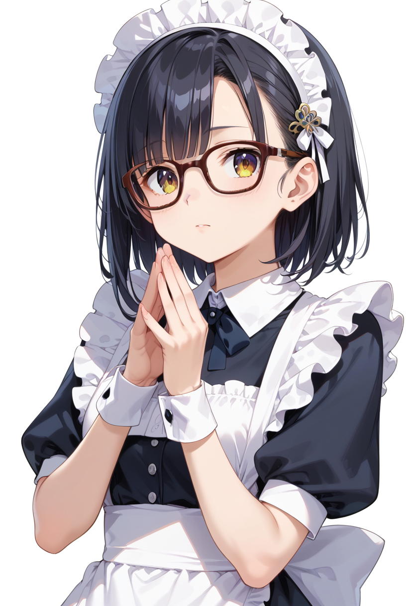 score_9, score_8_up, score_7_up, rating_safe, masterpiece, best quality, absurdres, unity 8k wallpaper, official art, official style, source_anime, uncensored, game cg, megami magazine,
1girl, solo, black hair, medium hair, upper body, covered eyes,maid, maid headdress, black dress, maid apron, face focus,
Wellington22A, glasses, white background, simple background, brown-framed eyewear
 <lora:glasses_Wellington22A1_PONY_V1:1>