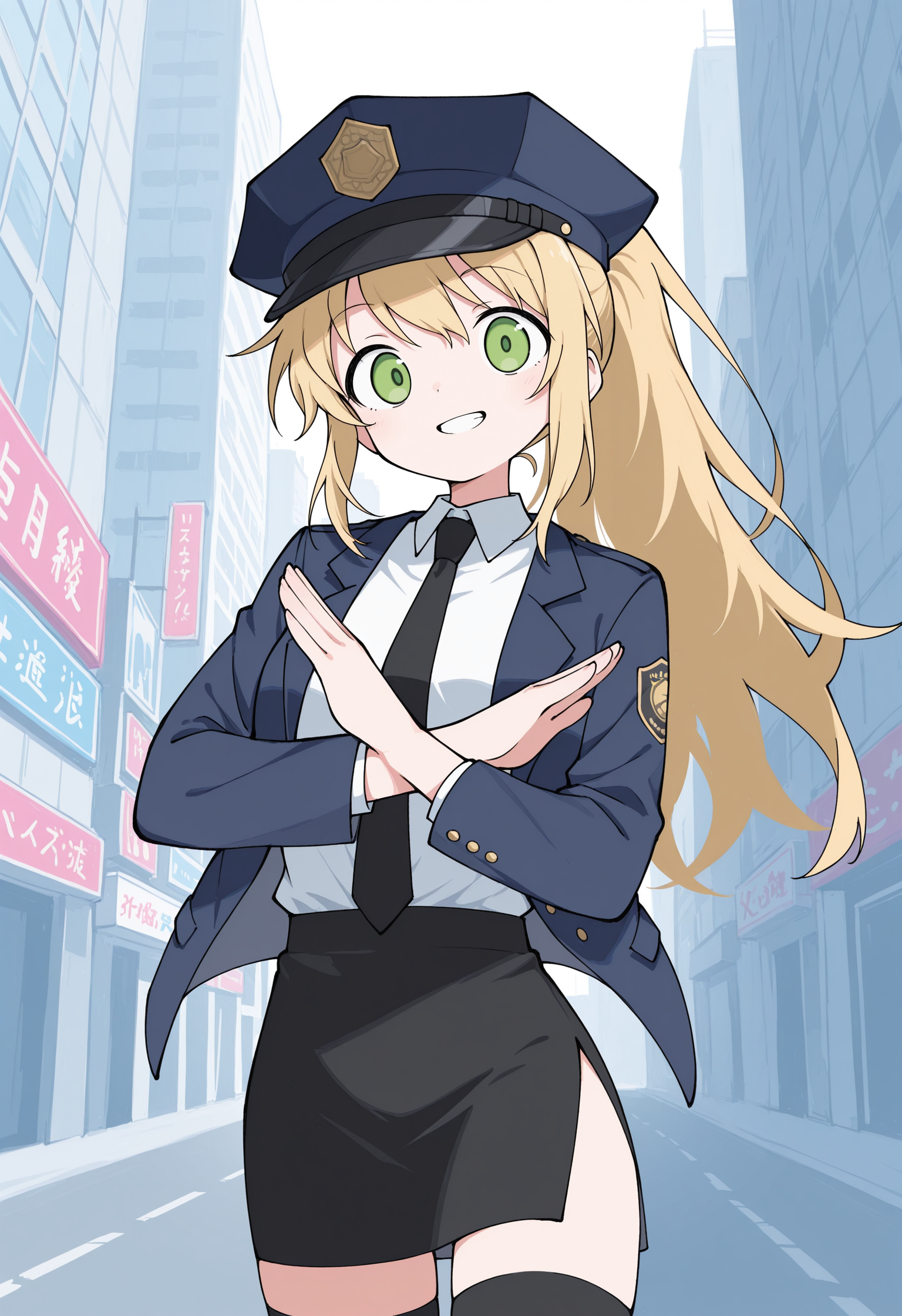 (masterpiece), (best quality), (ultra-detailed), amazing quality, very aesthetic, illustration, newest, colorful, <lora:odayaka_style:1>, odayaka-ill, cowboy shot,
1girl, solo, police uniform, police_hat, (x arms:1.5), grin, green eyes, blonde hair, long hair, ponytail, black thighhighs, blazer, open jacket, black necktie, white shirt, side slit, black skirt, outdoors, city,
