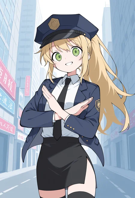 (masterpiece), (best quality), (ultra-detailed), amazing quality, very aesthetic, illustration, newest, colorful, <lora:odayaka_style:1>, odayaka-ill, cowboy shot,
1girl, solo, police uniform, police_hat, (x arms:1.5), grin, green eyes, blonde hair, long hair, ponytail, black thighhighs, blazer, open jacket, black necktie, white shirt, side slit, black skirt, outdoors, city,