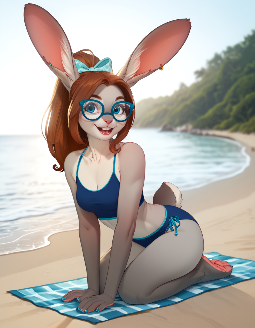 score_9,score_8_up,score_7_up,score_6_up,
outdoors,beach,
full body,seductive smile,parted lips,long eyelashes,
swimsuit,pose,
<lora:Maddy_v02_PDXL:1>,Maddy,1girl,solo,furry female,rabbit girl,rabbit ears,rabbit tail,animal nose,long hair,brownhair,ponytail,hair bow,glasses,blue eyes,body fur,two-tone fur,grey fur,white fur,freckless,
<lora:add-detail-xl:1>,